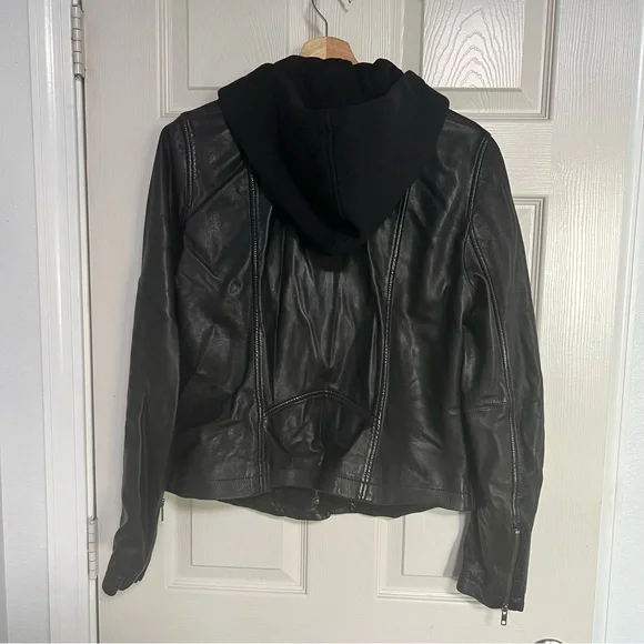 Caslon Black Leather Moto Jacket Women Large Removable Hood - Picture 10 of 16